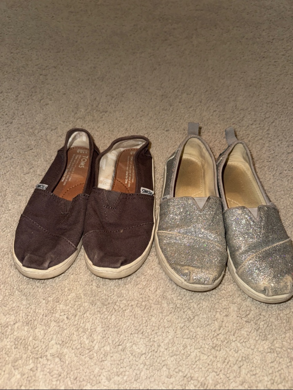2 pairs kids Toms sizes 13 and 13.5 dark gray and silver glitter